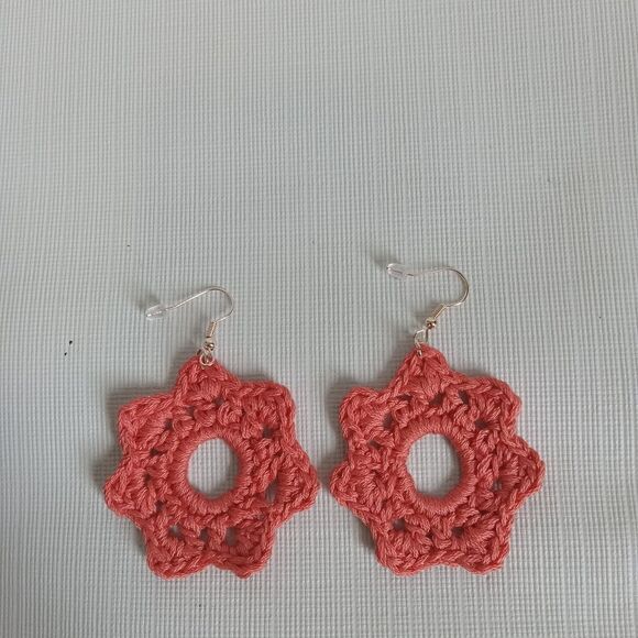 Handmade Pink Lightweight Flower Shaped Embroidery Floss Crochet Dangle Earrings - Picture 3 of 8
